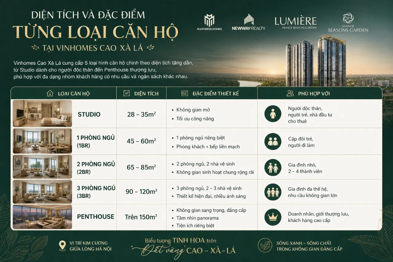 Diện tích và đặc điểm từng loại căn hộ tại Vinhomes Cao Xà Lá là gì?
