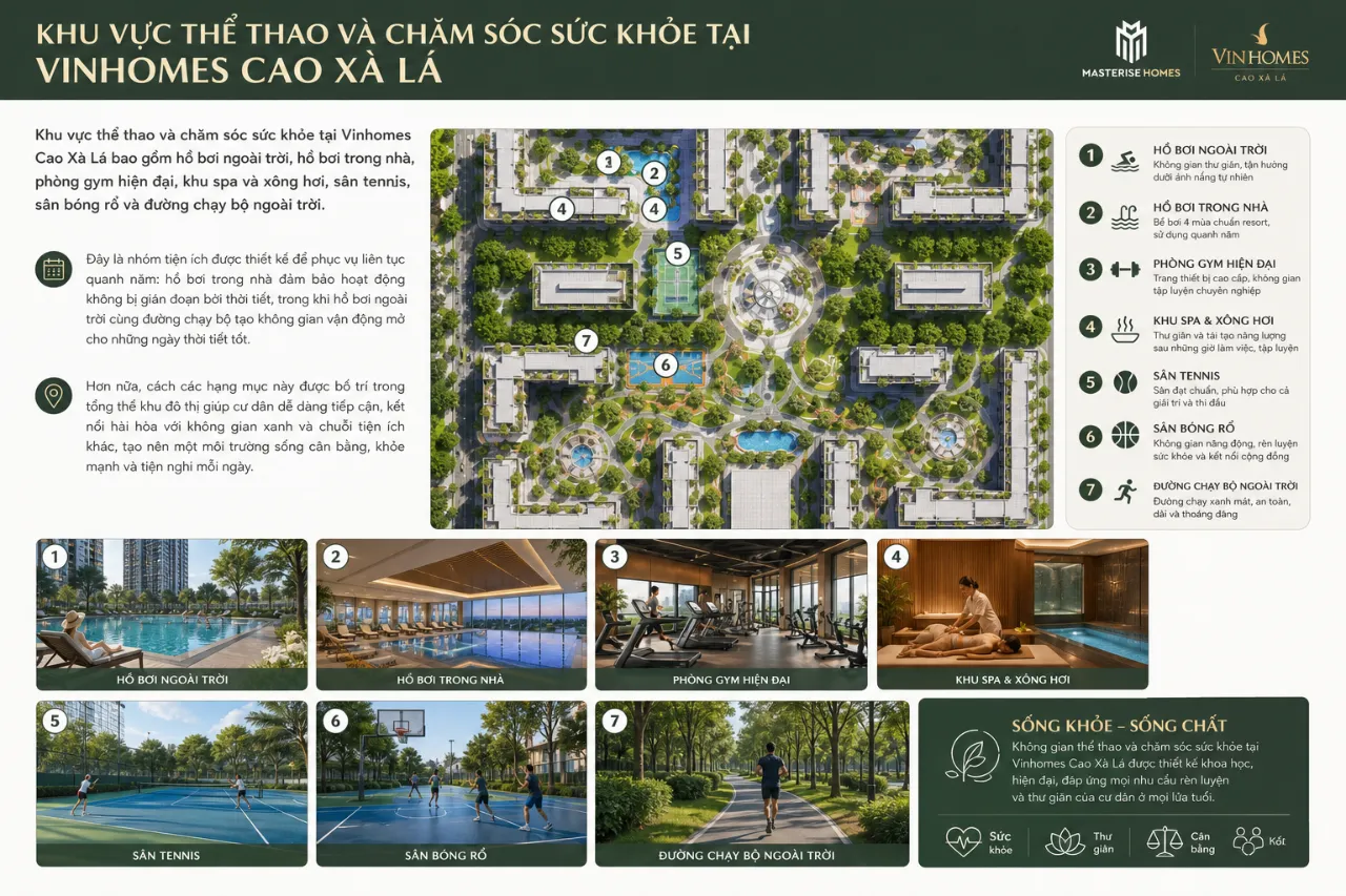 Khu vực thể thao và chăm sóc sức khỏe tại Vinhomes Cao Xà Lá bao gồm những gì?