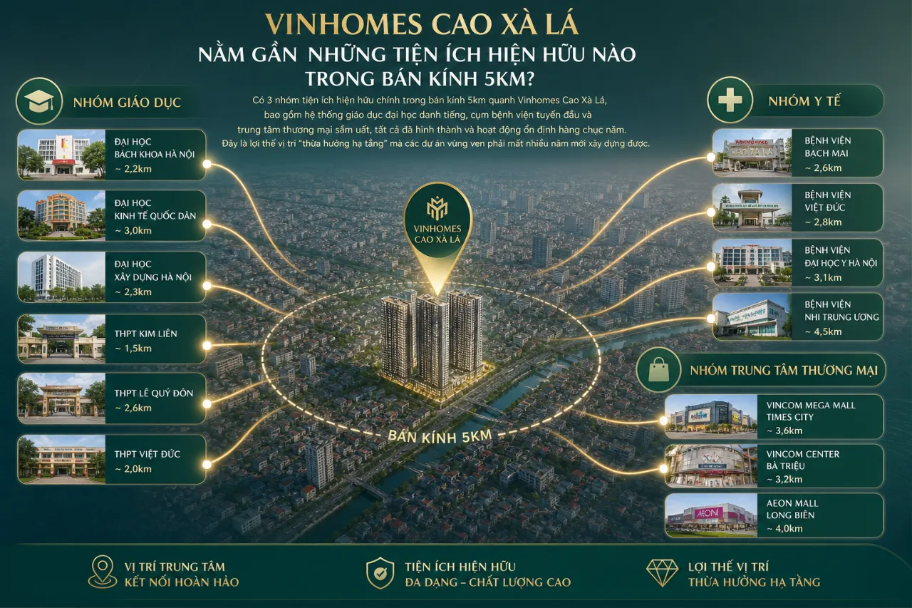 Vinhomes Cao Xà Lá nằm gần những tiện ích hiện hữu nào trong bán kính 5km?